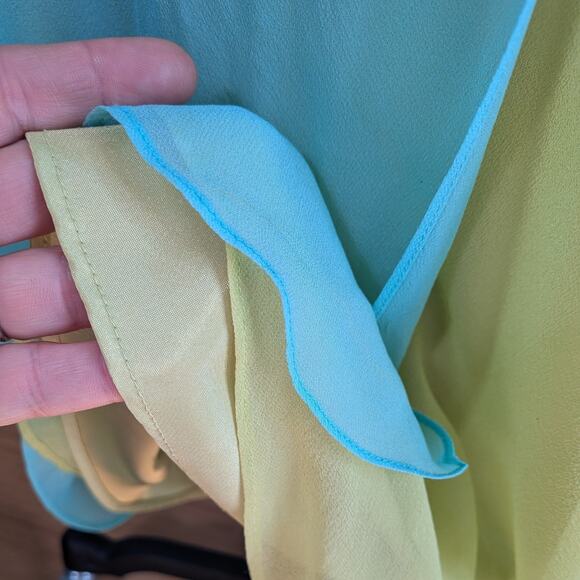 Vintage Prom Dress Maxi Gown 2P Blue Yellow Y2K Silk Fairy Babydoll Empire Split - Picture 7 of 12